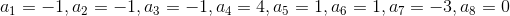 a_1=-1, a_2=-1, a_3=-1, a_4=4, a_5=1, a_6=1, a_7=-3, a_8=0